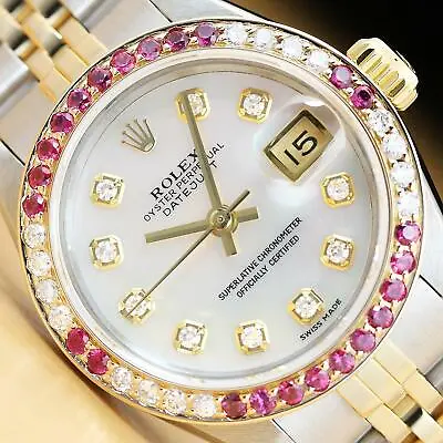 Rolex Ladies Datejust 69173 Mop Dial Watch + 18k Yellow Gold Ruby Diamond Bezel • $8703.72