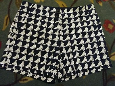 Limited Womens Print Shorts Sailboats 4 Nautical Navy Blue White Boat Sailing • £19.30