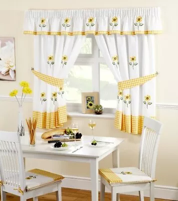 Sunflower Gingham Embroidered Tape Top Pencil Pleat Kitchen Curtains • £32.99