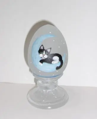 Fenton Glass Crystal Satin Egg Tuxedo Kitty Blue Crescent Moon FAGCA Ltd Ed 30 • $209.50