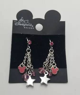 Disney Land Mickey Mouse Beaded Dangle Earrings Hook Silver Tone Star Chain Icon • $15
