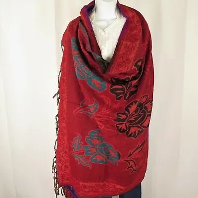 Yak Wool | Shawl/Throw/Wrap| Handloomed| Reversal| Flora| Base Color: Red • $42.30