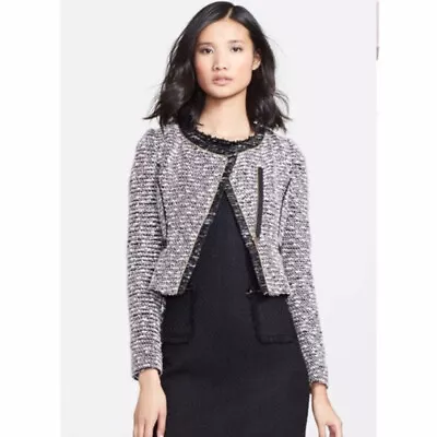 $325 McGINN 'Lisette' Eyelash Fantasy Tweed Crop Jacket Front Zip Pink & Black 4 • $69.99