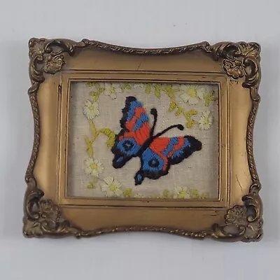 Vintage Framed Butterfly Finished Needlepoint Crewel Yarn Wall Art 7.25 X 6 • $29.65