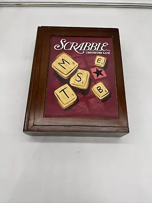 SCRABBLE Vintage Game Collection Crossword Wooden Bookshelf Wood Box Complete! • $26.54