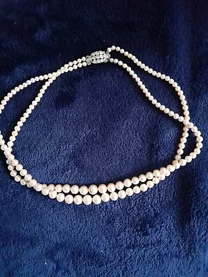 Vintage LOTUS  Faux Pearl Double String Necklace Diamante Clasp Original Box  • £9.50