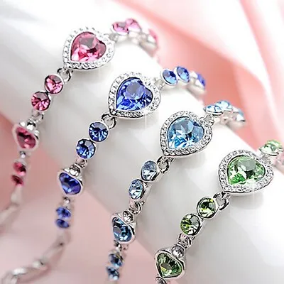 £4.30 • Buy Crystal Heart Linked Charm Bracelet 925 Silver Womens Wedding Jewellery Gifts