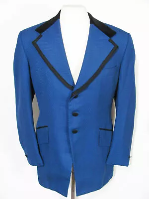 Vintage 70s BLUE HERRINGBONE TUXEDO JACKET LOUNGE BLAZER W/ Velvet Collar M 40L. • $89.99