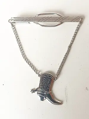 Vintage Hickok Cowboy Boot With Spur Tie Clip Bar Chain Pendant Silver Tone • $16.95