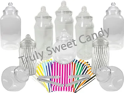 10 Assorted Plastic Sweet Jars 2 Tongs 50 Bags TWO STYLES OF LID Candy Buffet • £15.75