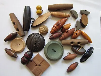 Vintage Lot Of 29 Old Wood Sewing Buttons Football Toggle Oval Square Round • $14.97