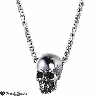 Men Silver Gothic Skull Necklace Stainless Steel Chain Pendant Retro Bikers • £4.99