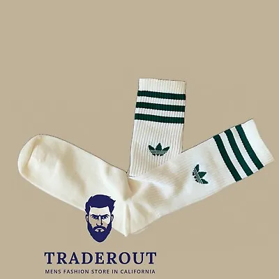 Adidas Men Cream White With Green Stripe And Logo Crew Socks Size M L • $22.50