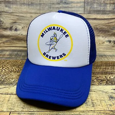 Milwaukee Brewers Mens Trucker Hat Blue Snapback 1970 Vintage Logo Baseball Cap • $19.99