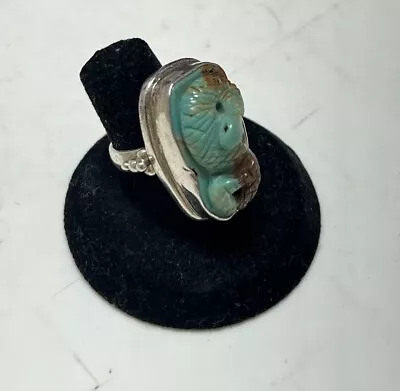 925 Silver Vtg Egyptian Cobra Snake Carved Turquoise Ring Sz 8 13.5G Rare Estate • $220