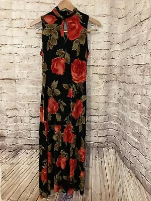 Vintage Ronni Nicole Maxi Dress Womens 8 Acetate Black Red Floral Cutout Stretch • $28.49