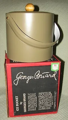 $22 • Buy NOS Vintage Georges Briard Taupe Ice Bucket W/Wood Knob Handle & Original Box
