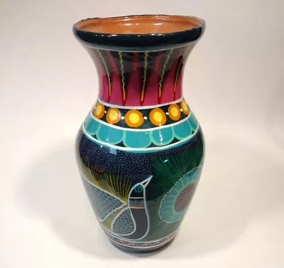 Mexican Folk Art Vase 8.5  Colorful Terracotta Pottery W Birds  • $12.25