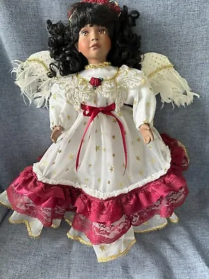 Beautiful Brown Angel Doll White/gold/red Gown W/white Feather Wings • $10