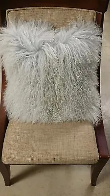 Handmade Mongolian Fur 16 X16  Square Silver Pillow Cushion Case & Fabric Back • $32.99