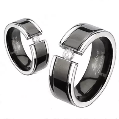 Titanium Men's Ring Silver Edge Black Inner Band 0.20 Carat CZ Wedding Band • $13.99