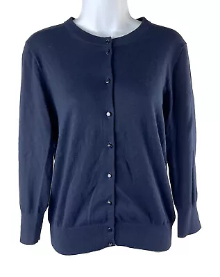 Women's J. Crew Navy 3/4 Sleeve Crew Neck Cotton Cardigan Sweater Size L • $39.99