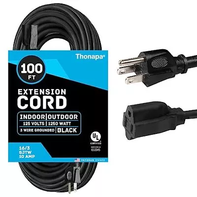 Thonapa 100 Ft Black Extension Cord 16/3 Electrical Cable 3 Prong Grounded Plug • $36.99