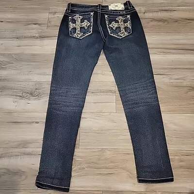 Miss Me Jeans Women 27 Blue Dark Washed Skinny Denim Embellished Pockets • $37.50