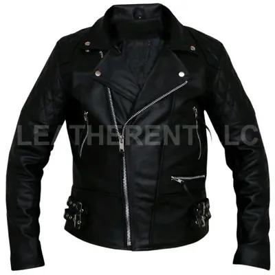 Mens Leather Brando Jacket Biker Classic Motorbike Motorcycle Vintage Jacket • $107.98