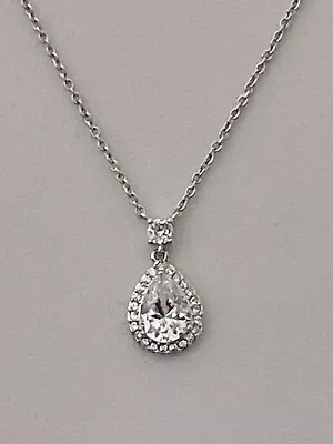Nadri Pear Cut CZ Halo Pendant Necklace Silver Tone NWT $59 • $29.99