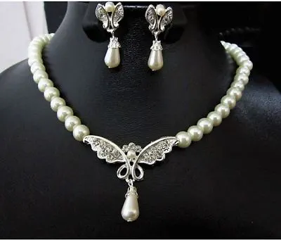 £3.99 • Buy Cream Glass Pearl Butterfly Bow Diamante Rhinestone Crystal Wedding Necklace Set