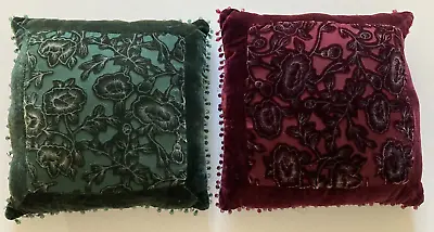 VTG Victorian Style Throw Pillows Set Of  2 Velvet W/Beaded Trim Burgundy/Green • $24.99