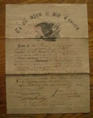$185 • Buy CIVIL WAR 18th  ILLINOIS SOLDIER DISCHARGE ARKANSAS 1865