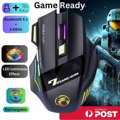 Wireless Gaming Mouse 7 Button RGB Backlit Rechargeable USB 3200DPI PC Laptop • $40