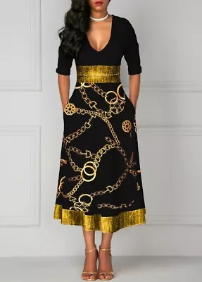 Rosewe Black Midi Dress Gold Chain Print |  Size Large • £14.45