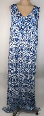 J. Jill Large Sleeveless Blue Floral On White Soft Silky Knit Maxi Dress • $16.72