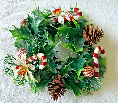 Vintage Plastic Christmas Candle Wreath Ring W/ Candy Cane Flowers Pinecones • $9.95