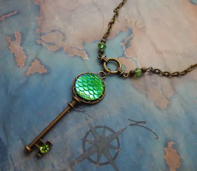 Mermaid Key Necklace Pendant Jewelry Handmade Chain Gold Green Fairy Core • $19.99