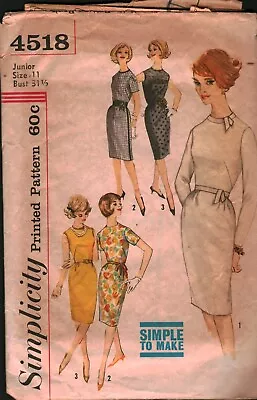 4518 Vintage Simplicity Sewing Pattern Juniors 1960s One Piece Simple Dress 11 • $9.99