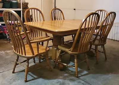 Amish Made 66 Inch Kitchen Table W 9 Chairs Oak Double Pedestal Extends 9'5  • $700
