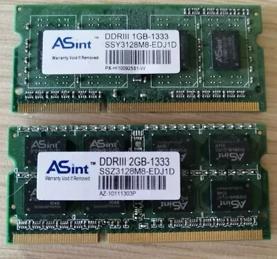 ASint DDR3 Laptop Memory 1GB-1333-SSY3128M8-EDJ1D & 2GB-1333-SSZ3128MB-EDJ1D • £7.50