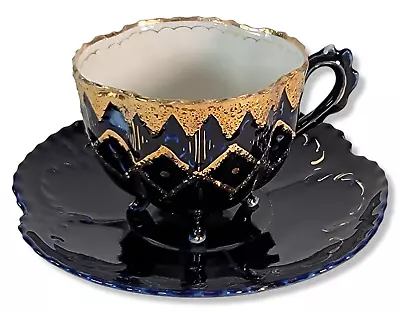 Vintage Mustache Cup & Saucer Cobalt Blue Gold Footed W/ Twig Handle Bone China • $55