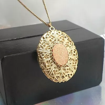 Vintage Locket Necklace Sand Or Goldstone Oval 16 In Chain • $17