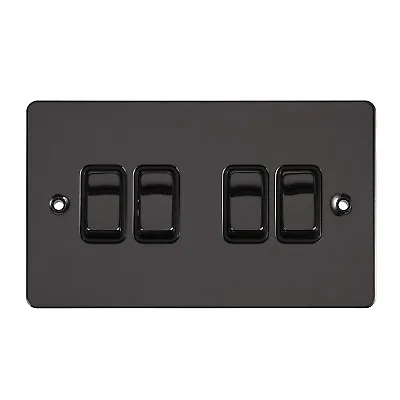 2x Black Nickel Flat 4 Gang Light Switch - 10 Amp Quadruple 4G 2 Way • £27.99