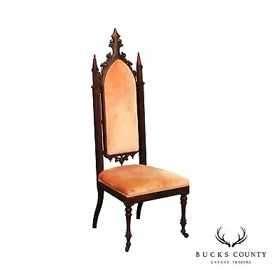 Gothic Revival Antique Carved Rosewood High Back Hall  Chair • $1095