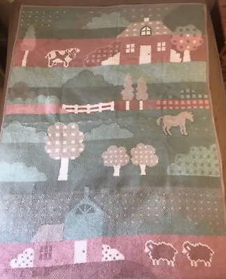 Vtg Mora Reversible Farm House Throw Blanket Sheep Horses Cows Country 54 X 72 • $59.99