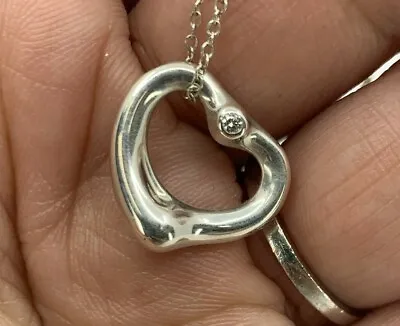 Tiffany & Co Elsa Peretti Open Heart Pendant Necklace 2 Sides Diamond 16 Inch • $344.99