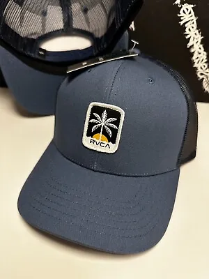 NWT RVCA Palm Beach Sunrise Patch Logo Obsidian Blue Mesh Trucker Snapback Hat • $21.95