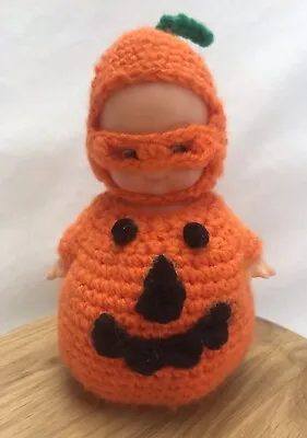 Vintage Crocheted Halloween Pumpkin Costume Child Plastic Figure Fall Holiday • $15