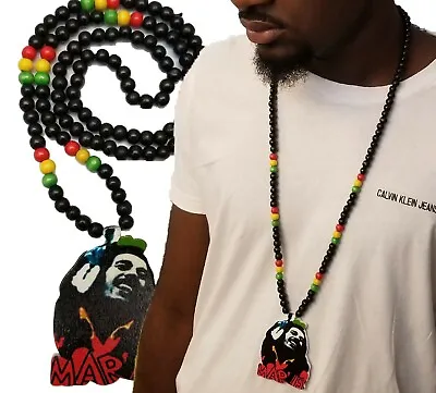 $12.85 • Buy Bob Marley Africa Wooden Pendant Necklace Beads Chain Wood Long Rasta Jamaica 